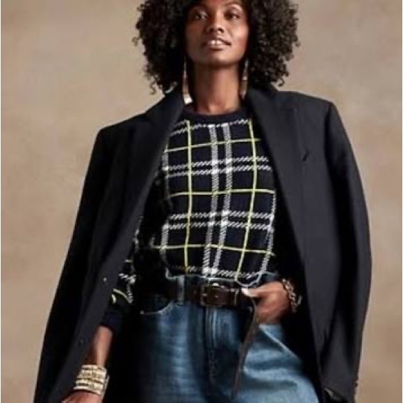 Banana Republic Aire Puff-Sleeve Sweater, Navy & Chartreuse Plaid, XL - Picture 5 of 8